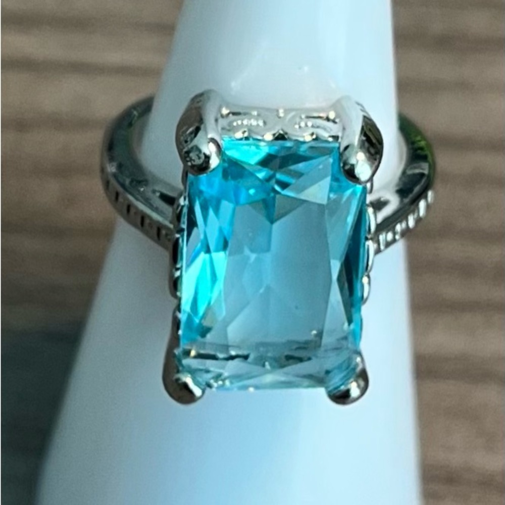 Silver Ring with Aquamarine Blue Emerald-Cut Stone